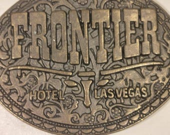 RARE VTG 70s Brass Las Vegas Longhorn Belt Buckle-FRONTIER Las Vegas Hotel Belt Buckle Collectible-Frontier Longhorn Cowboy Buckle Souvenir