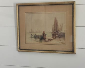 RARE Antique 1900's Painting "On Whitby Sands" Morris & Bendien Inc. NY Possibly Frank Rousse 1897-1936-Old Whitby Harbor Art England Europe