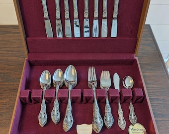 RARE 60s Oneida Michelangelo Japan Fine Stainless Steel Flatware Set Service for 8 in Box-Best Selling Oneida Silverware Pattern 50 pc Set