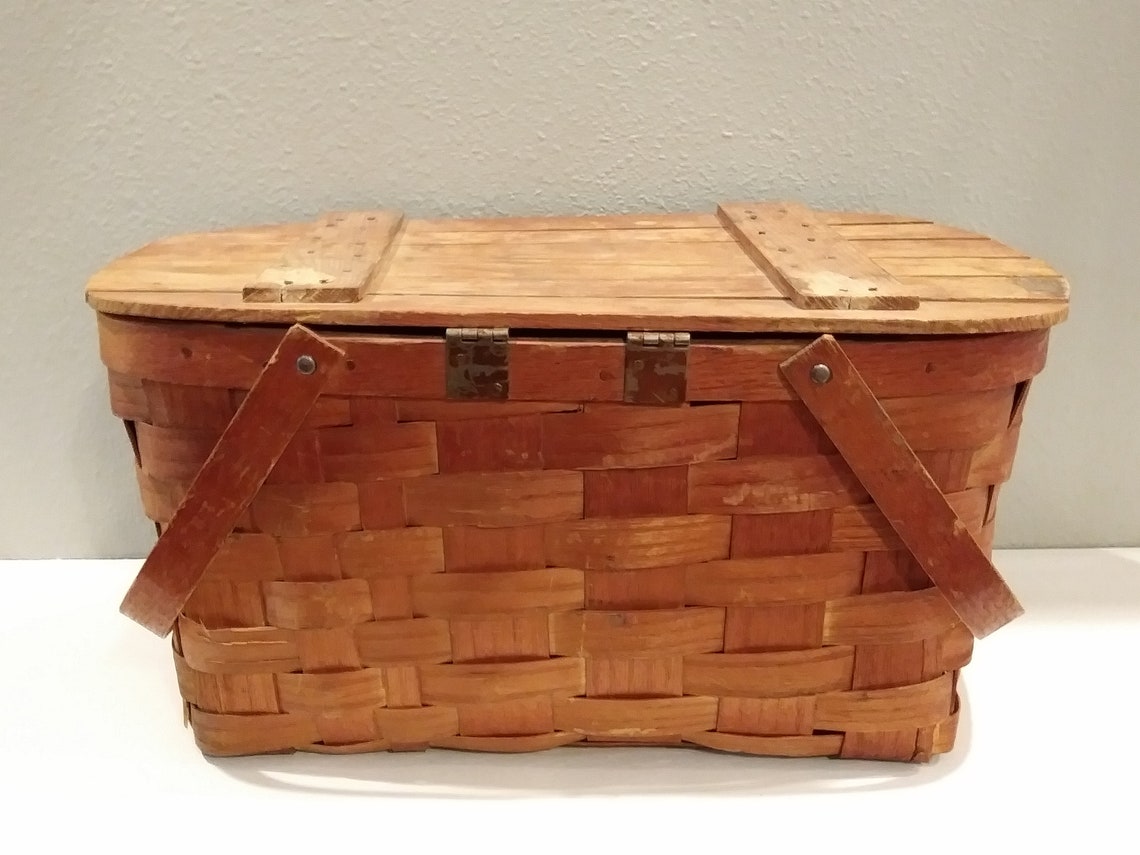 Large Vintage Picnic Basket Wovnwood by Jerywil 1900's Etsy