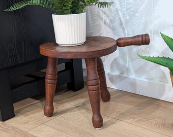 RARE VTG Rustic Handmade 3 Leg Wood Milking Stool With Side Handle-Mid Century Wood Milking Stool or Plant Stand Stool Home Decor