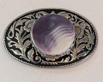 80's VTG Oval Western style Ornate Silver Toned Belt Buckle with Purple Stone Cabochon in an Indigenous Wampum Style-Small Oval Belt Buckle