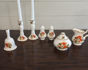 VTG 8 PC. Set Of Christmas Fine Bone China Table Service Creamer & Sugar Bowl, Salt/Pepper Shakers Candlesticks Bell Holly Christmas China