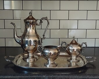 RARE MCM Fina Italy Silver Plate Coffee Tea Service With Coffee Pot Sugar & Creamer and Serving Tray-1961 Presidents Club Fina Italy Tea Set