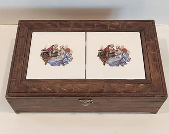 RARE VTG Hand Carved Wood & Tile Jewelry Box With Hinged Lid-Primitive Folk Art Victorian Jewelry Box Storage Box Cigar Box Ornately Carved