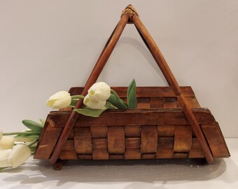 RARE Vintage Splint Oak Gathering Basket With Unique Cane Handle 16" x 12" x 13"H-Rare Hand Woven Splint Oak Basket Collectible