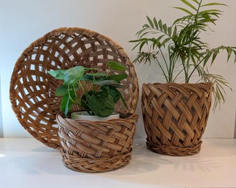 RARE Mid Century Woven Rattan Wicker Loop Weave Baskets Set of 3- Philippine Hand Pencil Reed Basket Bowl & Planter Storage Boho/Farmhouse