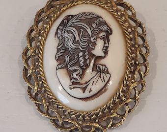RARE FLORENZA Ornate Gold Filigree Cameo Brooch Signed High Relief Carved Shell Cameo in Ornate Gold Plated Frame 1950s Designer Jewelry