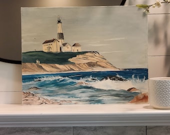 RARE Vintage Original Lighthouse Ocean Scene Painting Signed McGuire-Signed Lighthouse Ocean Shore Painting 18x14" Art on Fredrix Canvas