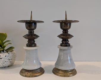 RARE VTG Brass & Marble Candle Holders Set of 2-Gray White Marble and Brass Candlesticks-Marble Home Décor Candle Holders-Mantle Decor