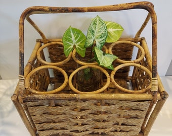 RARE 50's French Rattan Wicker Wine Holder With Handles-6 bottle Wine Holder-50s Bamboo Wicker Bottle Carrier Basket-Boho Wine Bottle Holder