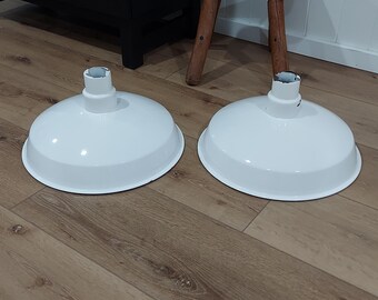 2 VTG Mid Century 16" White Porcelain Enamel Ceiling Light Fixtures-Rare Salvaged White Enamel Industrial Shop Lights Modern Farmhouse Decor