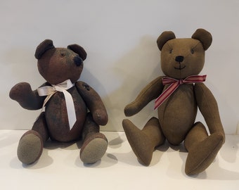 Rare 40's Handmade Jointed Teddy Bears made with Army Coats Worn In World War 2-Rare War Era Handmade Teddy Bears-2 Primitive Teddy Bears