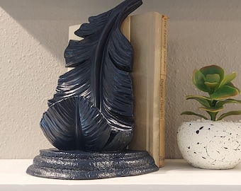 Very RARE Vintage Navy Blue Carved Wood Feather Bookend Vertical Quill Feather Sculpture-Shelf Styling Office Study Home Decor-Writers Gift