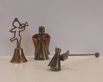 Conjunto vintage raro de 3 ángeles de latón - Candelabro de ángel de cobre y latón de los años 50, apagavelas de ángel de latón y campana de latón - Colección de ángeles navideños