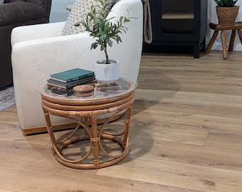 MCM Paul Frank Style Rattan Bamboo Side Table With Glass Top-60's to 70's Bamboo Bentwood Round Table/Ottoman/Footstool/Plant Stand-Boho