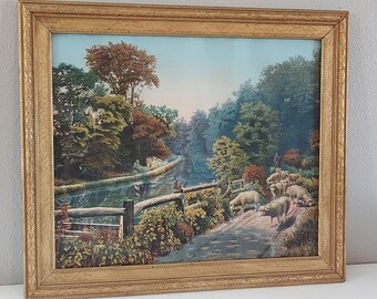 RARE Antique 1701 Original Litho Painting "Coming From Pasture" Shephard with Sheep Gilt Framed-VTG Neutral Wall Art Gallery Wall Art Decor