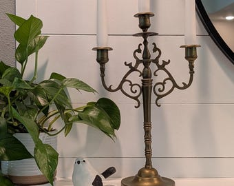Early 20th Century Solid Cast Brass Candelabra 3 Arm-Old Heavy Scrolled Ornate Brass Candelabra-Piano Candelabra-Dining Wedding Candelabra