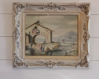 RARE 1959 Framed Painting Signed Roderic Montagu (1907-2001) Italy Impressionist River Edge Village Scene in Intricate French Frame 19 x 16"