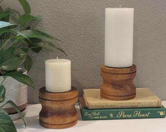 RARE Vintage 80's Hand Turned Wood Candle Holders Scandinavian Style Signed Bill Arnold-Natural Minimalist Wood Candle Holders Boho Decor