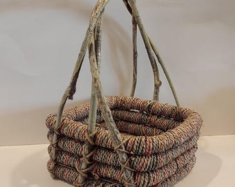 RARE 70's Woven Wicker Basket With Unique Twisted Twig Handle-Handmade Pink Blue Wicker Basket Girls Room/Nursery Decor-Boho/Farmhouse Decor