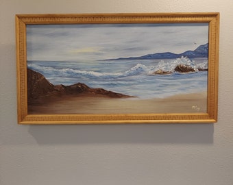 RARE VTG MCCoy Signed Painting of Ocean Seascape Beach 32"x17" Wood Framed Canvas Art Grumbacher NY-Extra Large Coastal Ocean Painting