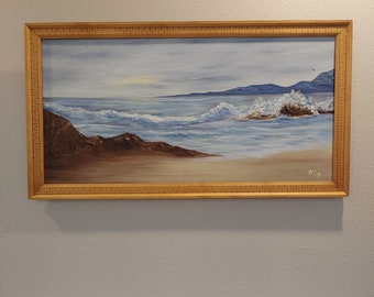 RARE Original Painting of The Ocean Seascape Waves & Beach Signed McCoY 32 1/2" x 17 3/4" Framed Canvas Art Grumbacher New York-Coastal Beah