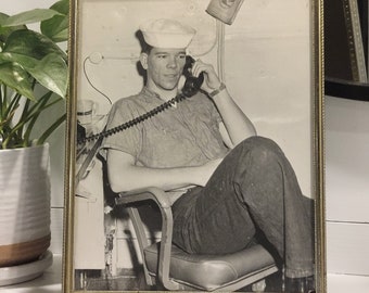 40's Sailor Photograph in Black & White-Original Mid Century Photo of a Navy Sailor on a Rotary Phone In Metal Frame-War Collector