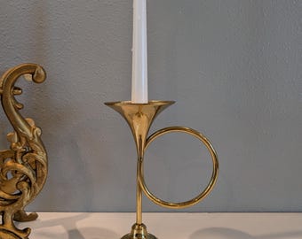 RARE 1990 Brass Horn Candlestick Musical Horn Candle Holder-Music Themed Party Decor-Horn Player Room Decor-Music Room-1990 LL Made in Korea