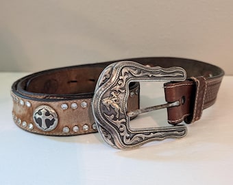VTG Silver Plate Bronco Rider Buckle with Hand Tooled Leather Belt # 9974-44-Cross Concho Stud Detailed Belt-Unisex Western Belt & Buckle