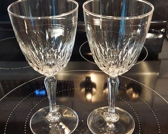 RARE 60's Luminarc Crystal Wine Glasses With Diamond Cut Bowl & 6 Sided Stem Marked On Base-Lovely Crystal Bride and Groom Toasting Glasses