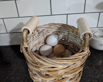 RARE VTG Whitewashed Woven Splint Weave Bamboo Gathering Basket With Ceramic Handles-Egg Gathering Basket-Storage Decor Basket Philippines