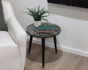 Vintage 20th Century MCM Abalone Shell Side Table With 3 Black Legs-MCM, Boho, to Coastal Abalone Seashell Round End Table Side Table
