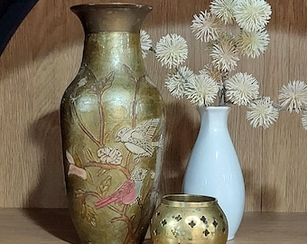 Antique Solid Brass & Enamel Vase With Handpainted Birds on Blossom Branch 10" T-Boho Brass Vase Shelf Decor-Modern to Boho Brass Home Decor