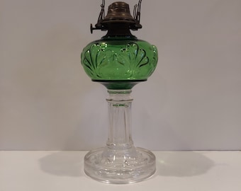 RARE Antique Emerald Green Glass Fern Pattern Kerosene Oil Lamp 1800's with Queen Anne Burner-Riverside Fern Oil Lamp With Scovill Burner