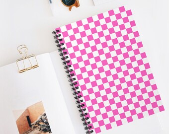 Hot Pink and White Checker, Ruled Line, 8" x 6", 118-Page Spiral Notebook, Checkered Notebook, Desk Accessories, Graduation Gift, Grad Gift