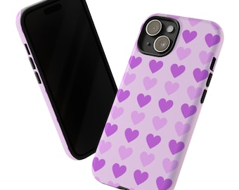 Corazones púrpuras, estuche resistente personalizado brillante o mate para iPhone 8 11 12 13 14 15, Samsung Galaxy S10 S20 S21 S22 S23, Google Pixel 5 6 7