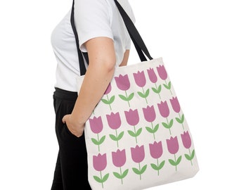 Purple Tulip, Cream Tote Bag, Large Book Bag, Graduation Gift, Grad Gift, Mother's Day Gift, Gift for Mom, Birthday Gift, Back to School