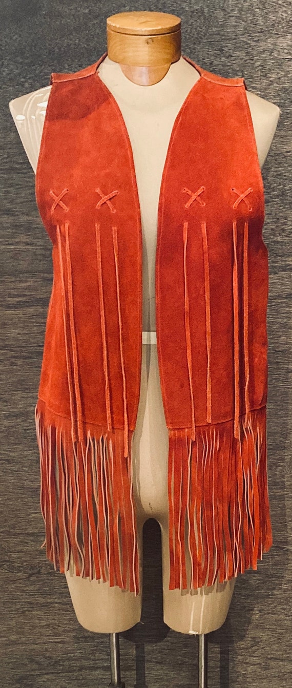 Vintage 1970's Boho Red Suede Fringe Vest