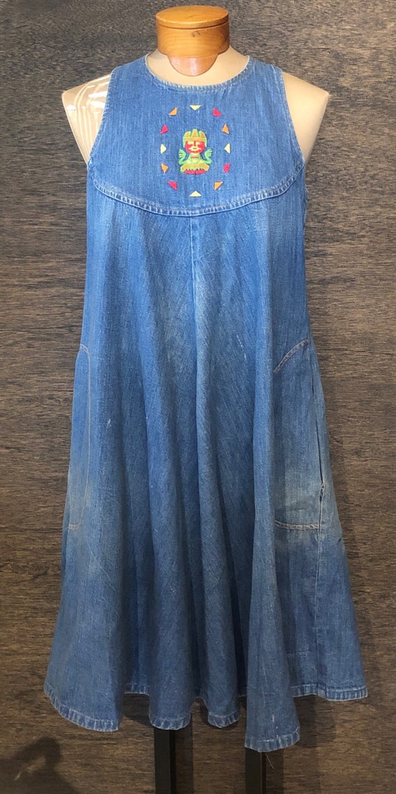 Vintage 1970's Denim Dress With Embroidered Detail