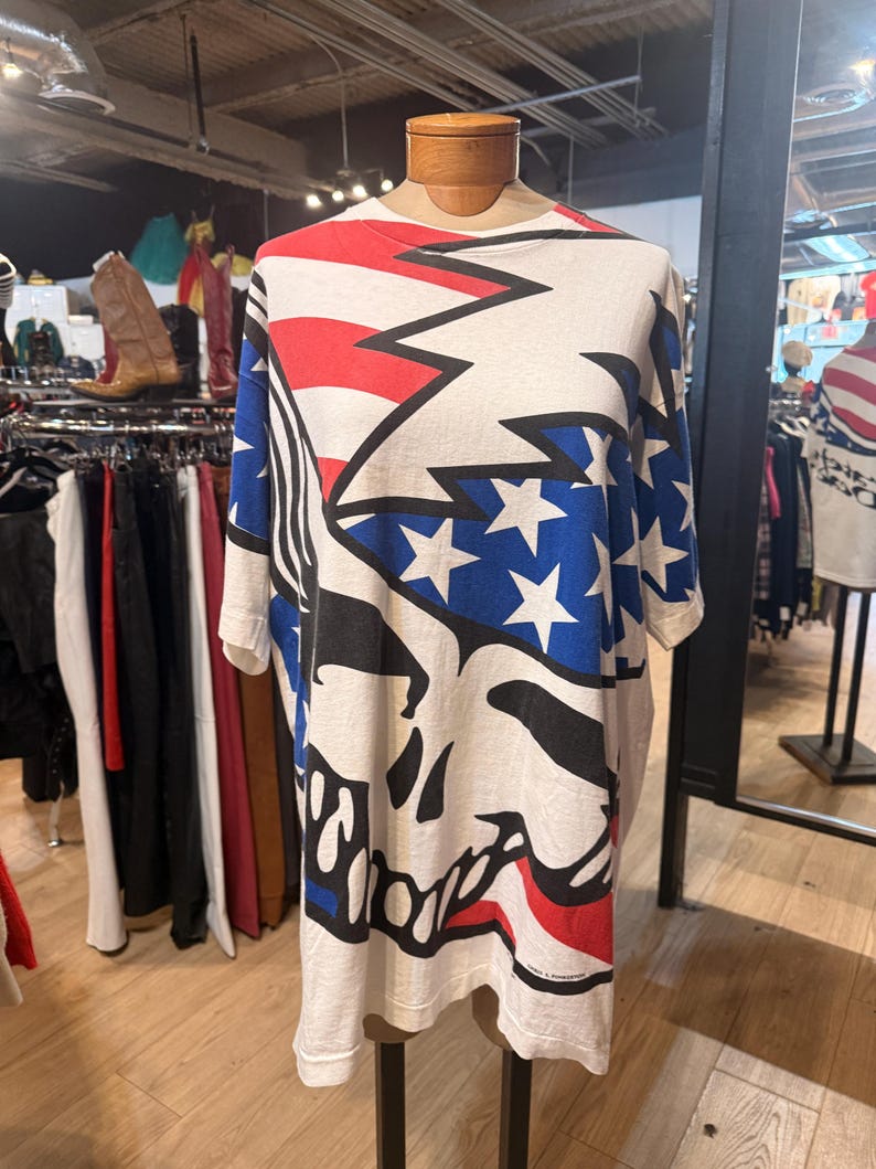 Authentic Original Vintage 90's Liquid Blue Grateful Dead American Flag Tshirt afbeelding 1