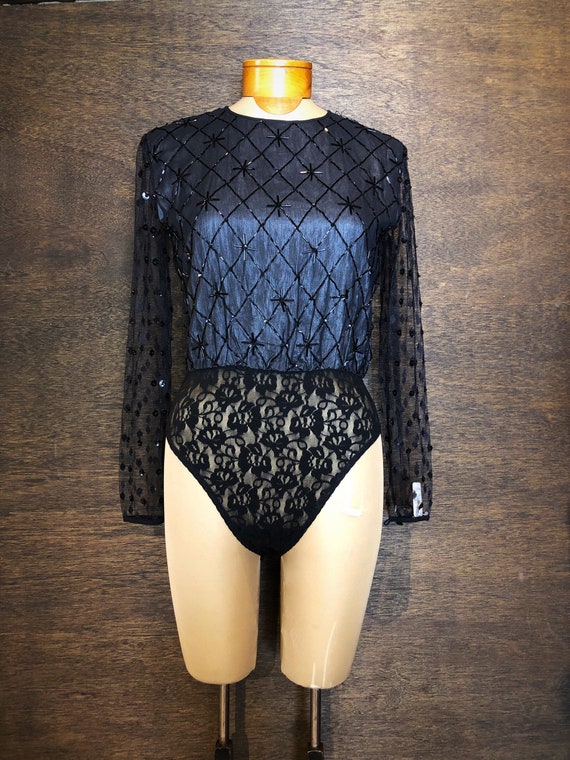 Women's Vintage Black Beaded Bill Blass Bodysuit