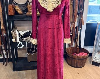 Vintage 1970s Raspberry Velvet Maxi Dress With Lace Detail