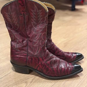 May include: A pair of burgundy cowboy boots with black toes and intricate stitching. The boots are made of leather and have a pointed toe.