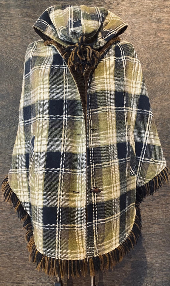 Vintage Reversible Plaid & Corduroy Hooded Cape