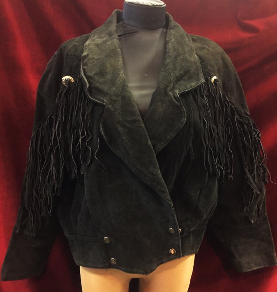 Vintage 1980's Black Suede Fringe Jacket With Conc