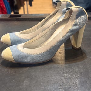 Vintage Chanel Blå Denim Elastiska Klackskor