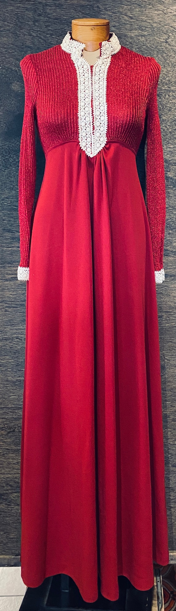 Vintage 1970's Burgundy Long Sleeve Maxi Dress
