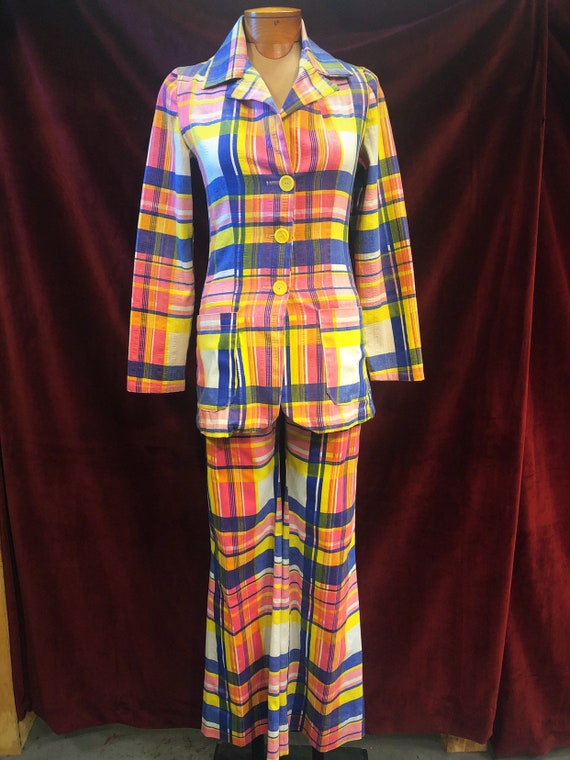 Incredible 70's Vintage Pastel Plaid Bellbottom Su