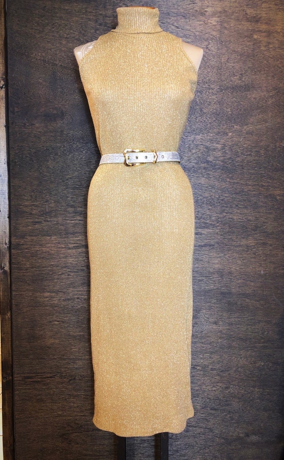 Vintage Knit Gold Sleeveless Turtleneck Dress